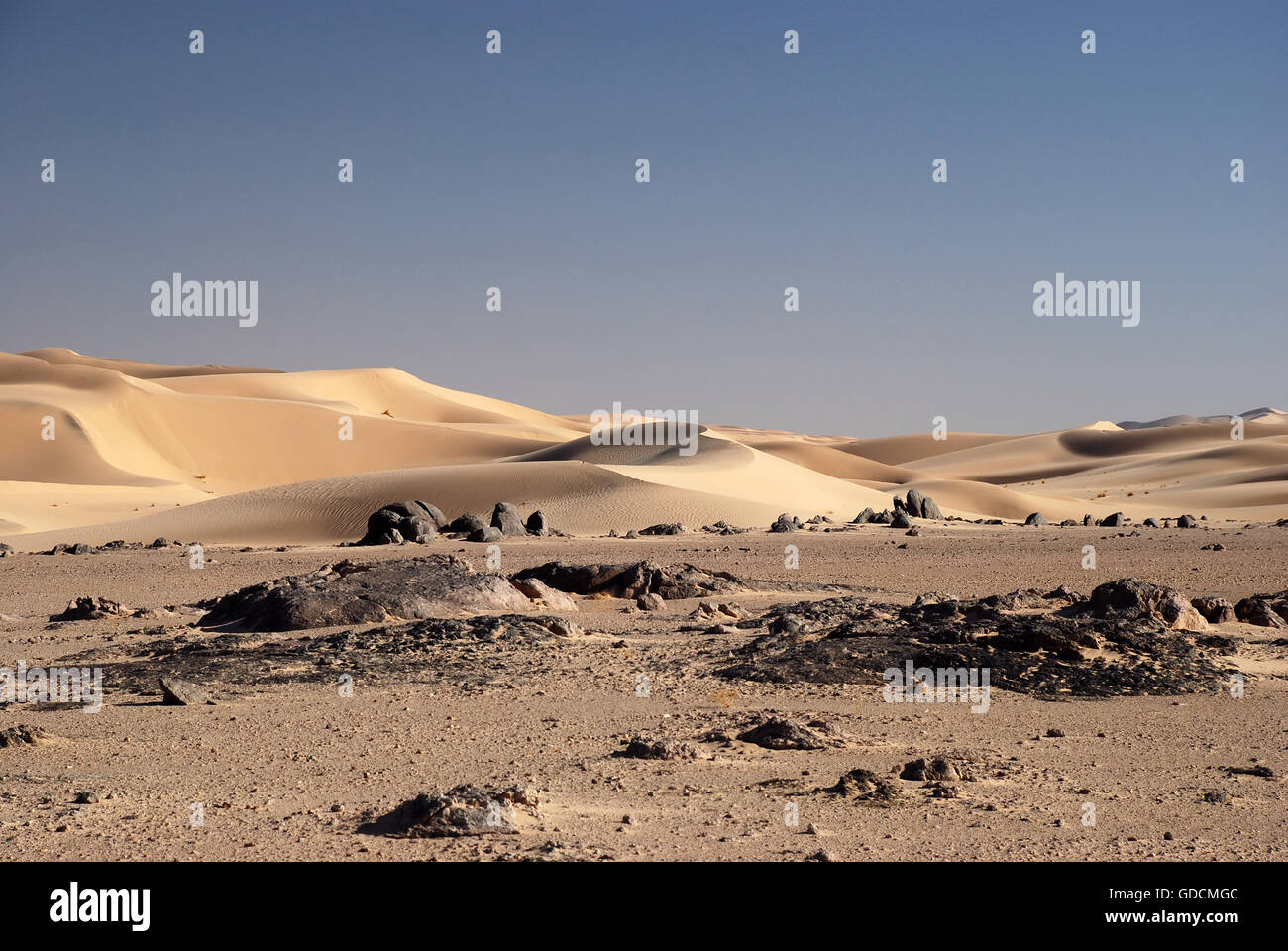 Le dune di sabbia e rocce nel deserto in Oman Foto Stock