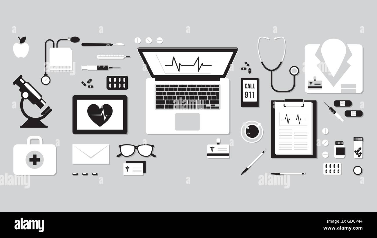 Doctor's desktop con delle cure mediche di strumenti e apparecchiature, laptop, tablet e telefono Illustrazione Vettoriale