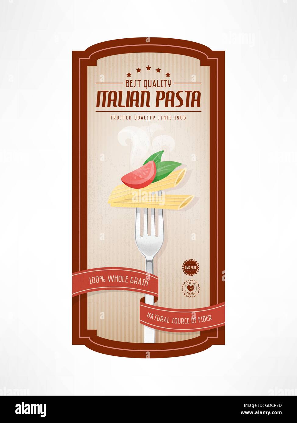Pasta vintage etichetta alimentare con forcella sullo sfondo a strisce Illustrazione Vettoriale