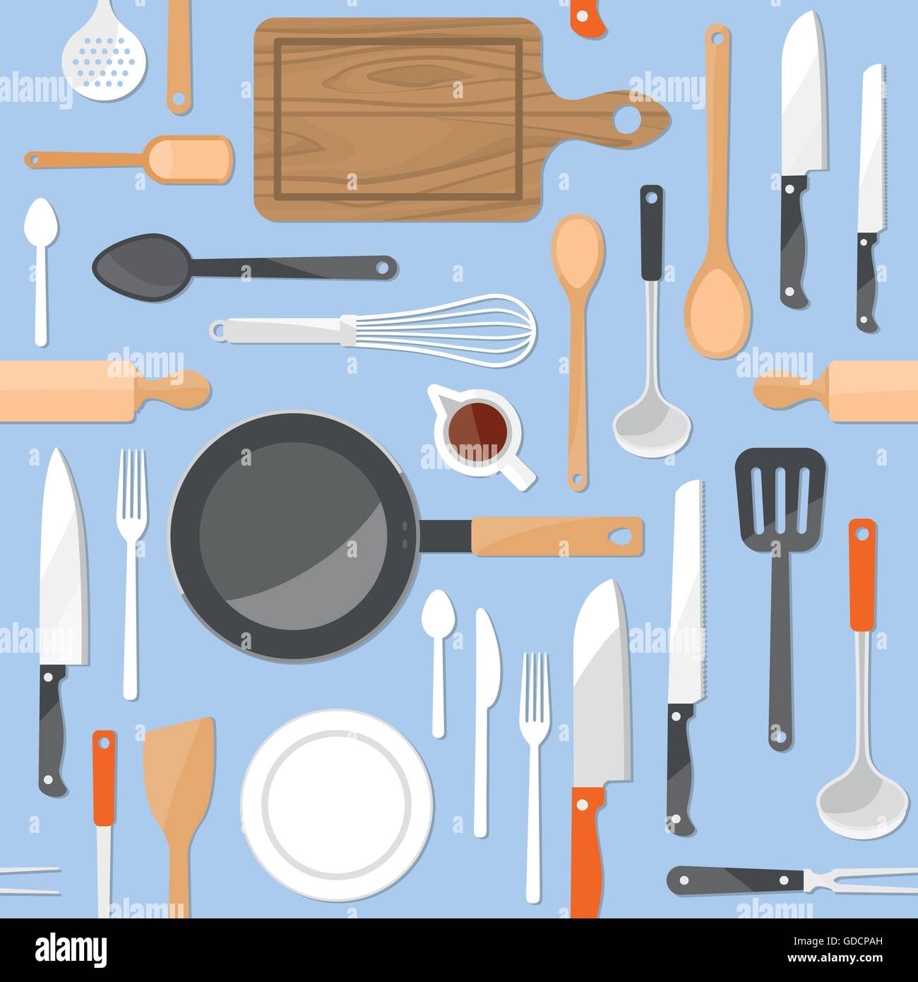 Utensili da cucina seamless pattern con stoviglie apparecchiature su azzurro sfondo pastello Illustrazione Vettoriale