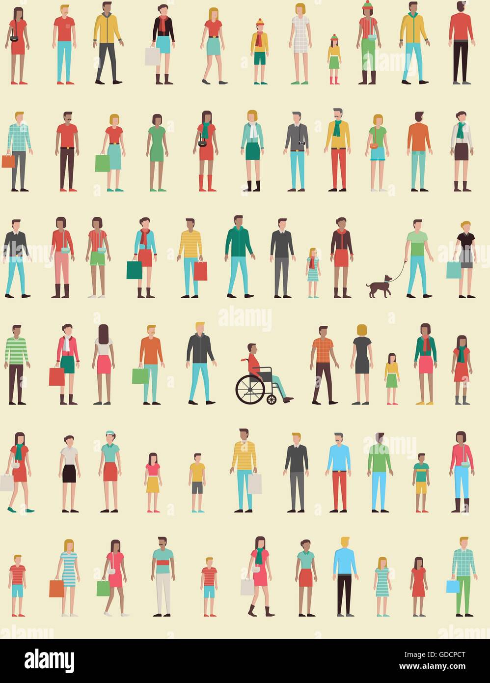 Persone seamless pattern con set di caratteri di Piana, uomini, donne, bambini Illustrazione Vettoriale