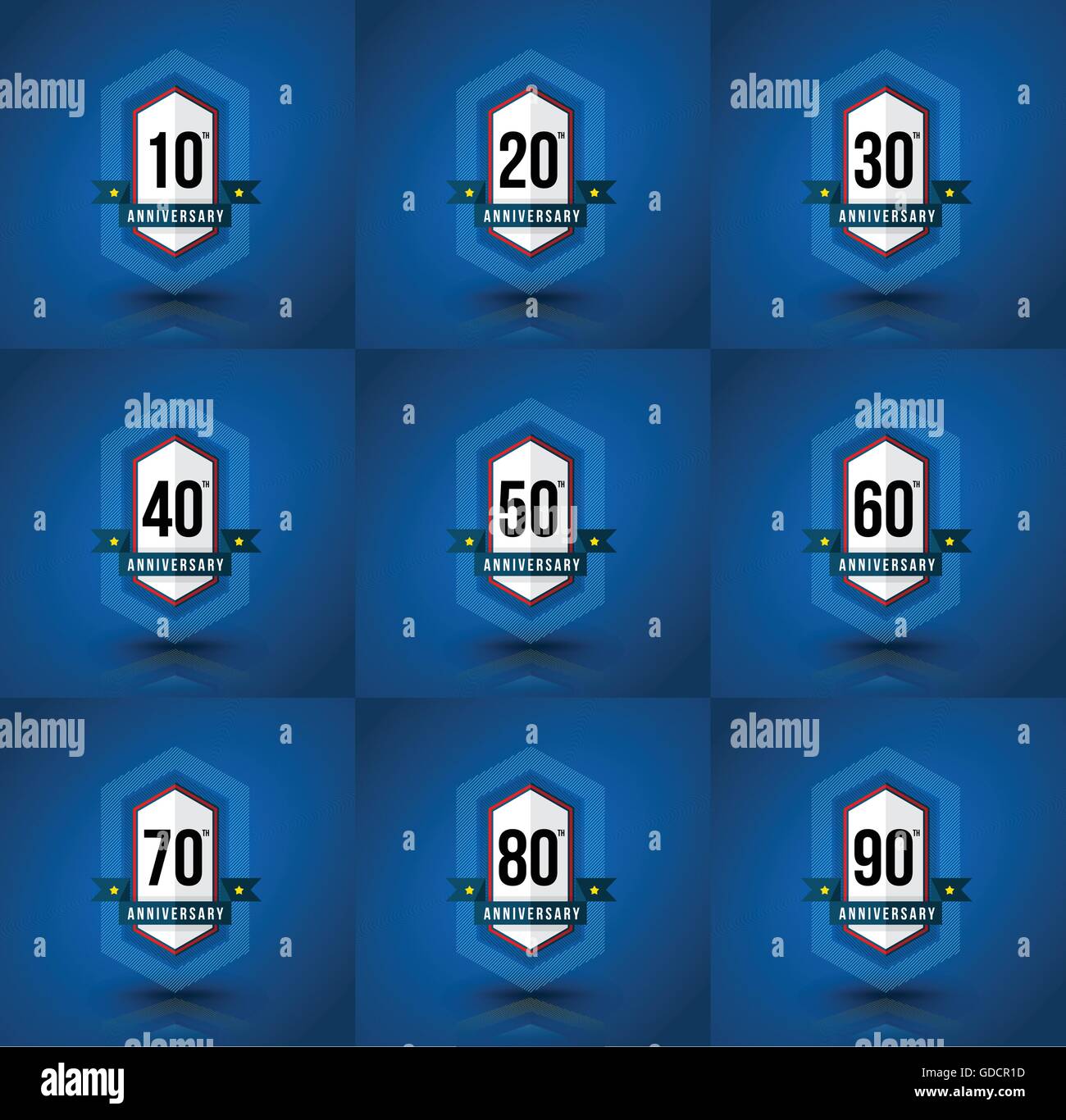 Badge anniversario set. 10,20,30,40,50,60,70,80,90 anni. Modello per schede e congratulazioni design. Illustrazione Vettoriale. Illustrazione Vettoriale