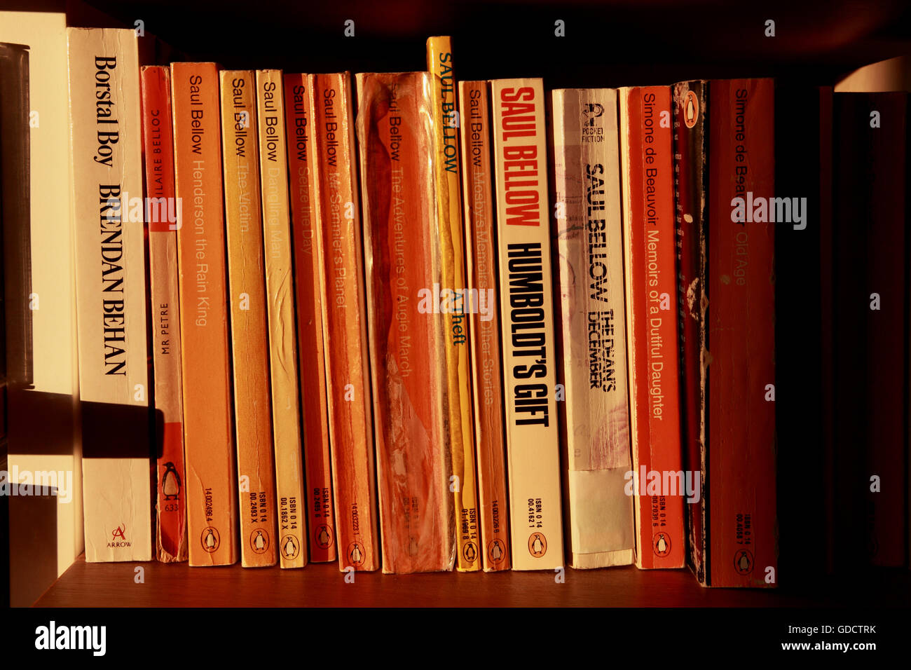Vecchi libri in brossura, principalmente i pinguini, su uno scaffale Foto Stock