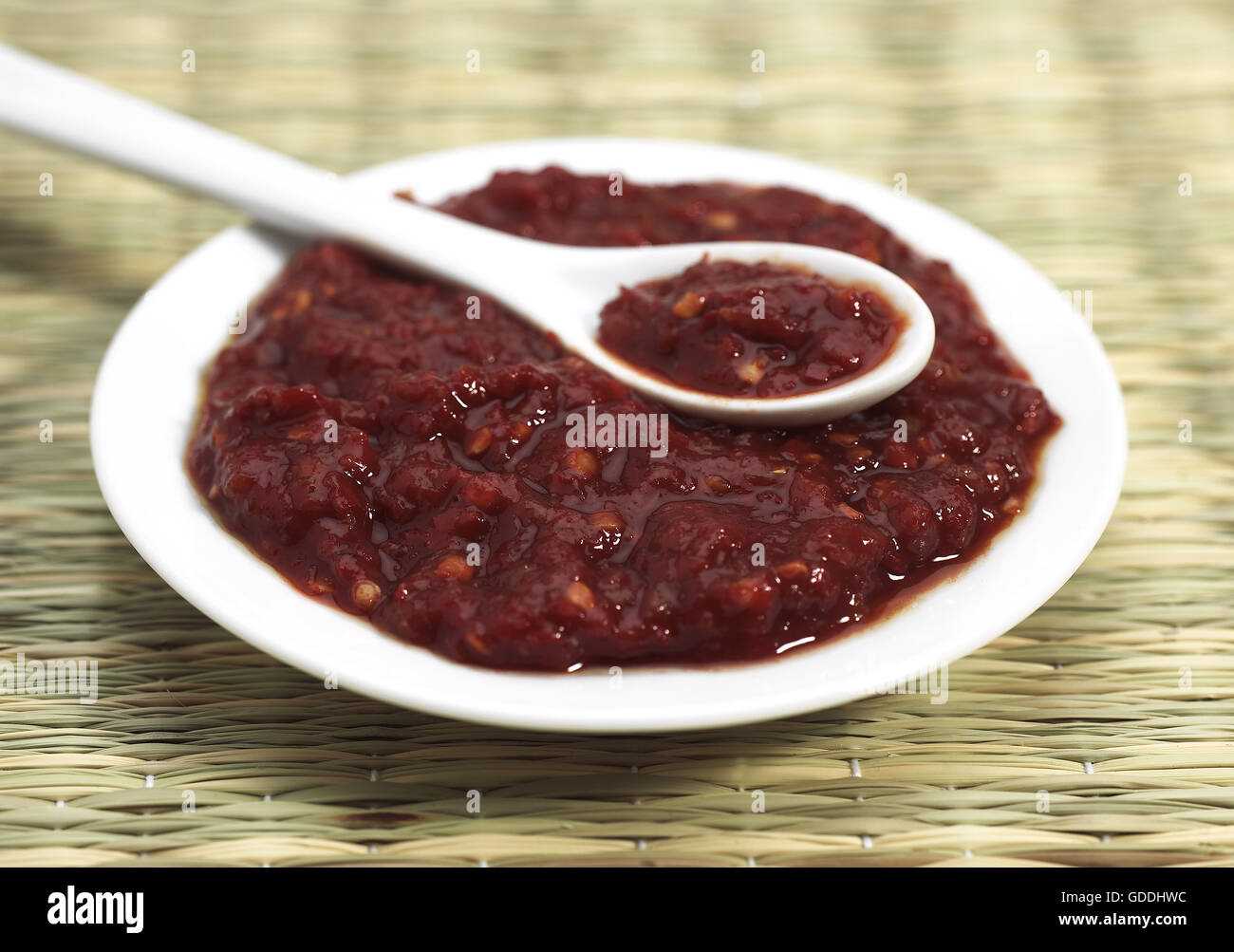 Harissa, peperoncino salsa fatta con peperoncino, condimento dal Nord Africa Foto Stock