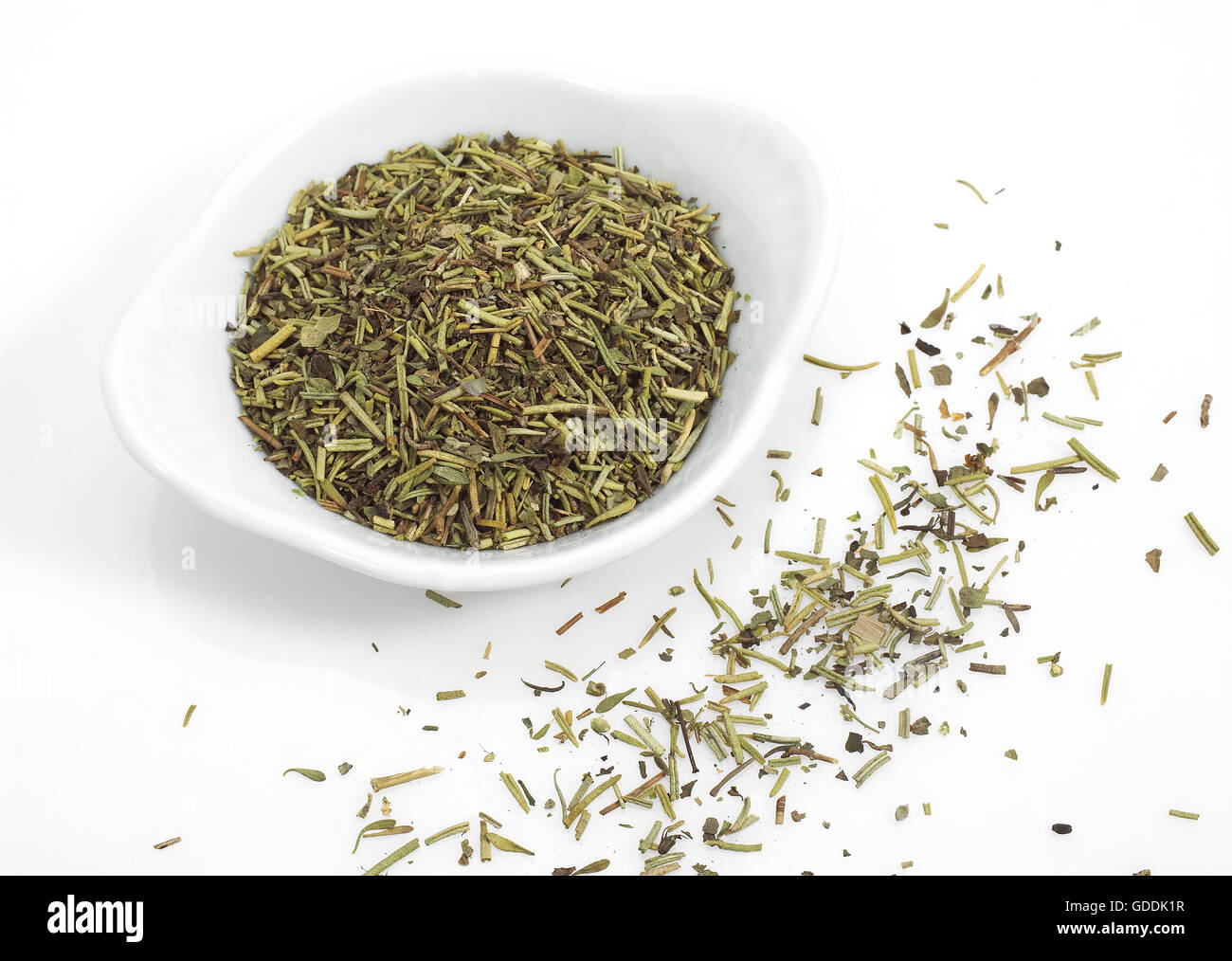 HERBE DE PROVENCE o erbe provenzali contro uno sfondo bianco Foto Stock