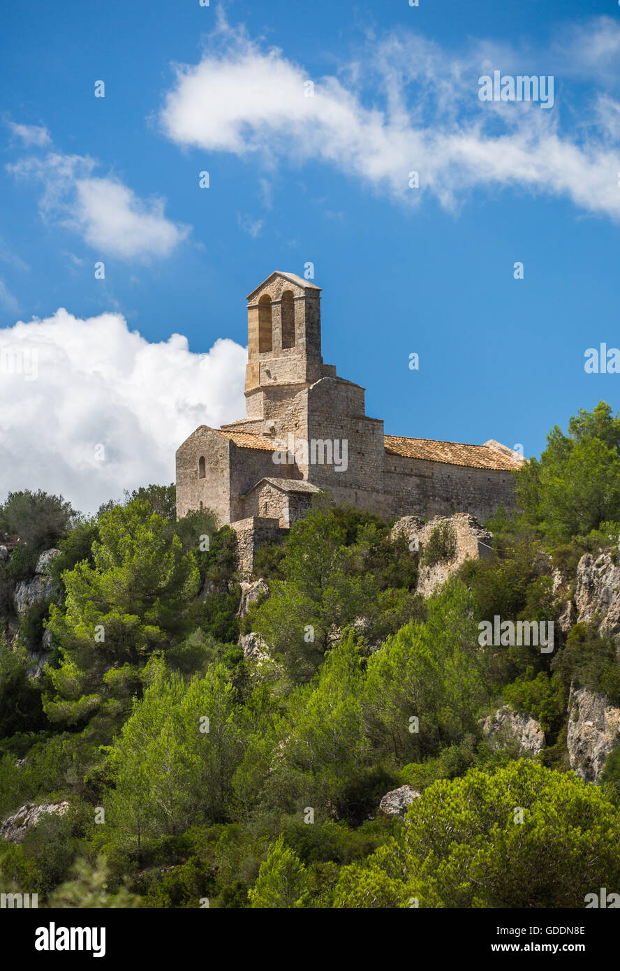 Spagna,Catalogna,provincia di Barcellona,San Miguel Chiesa,Olerdola Castle Foto Stock