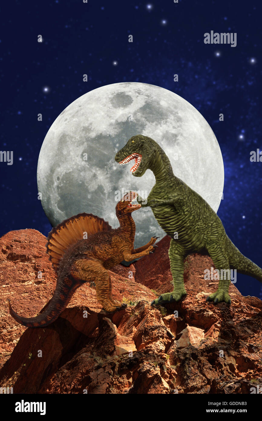 Tyrannosaur, Tyrannosaurus rex e Spinosaurus, un grande carnivoro theropod dalla fine del periodo Cretaceo Foto Stock