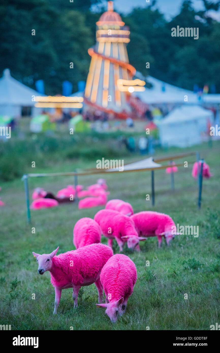 Henham Park, Suffolk, Regno Unito. 14 Luglio, 2016. Crepuscolo sopra il marchio dipinto di ovini e Helter Skelter - Il 2016 Latitude Festival, Henham Park, Suffolk. Credito: Guy Bell/Alamy Live News Foto Stock