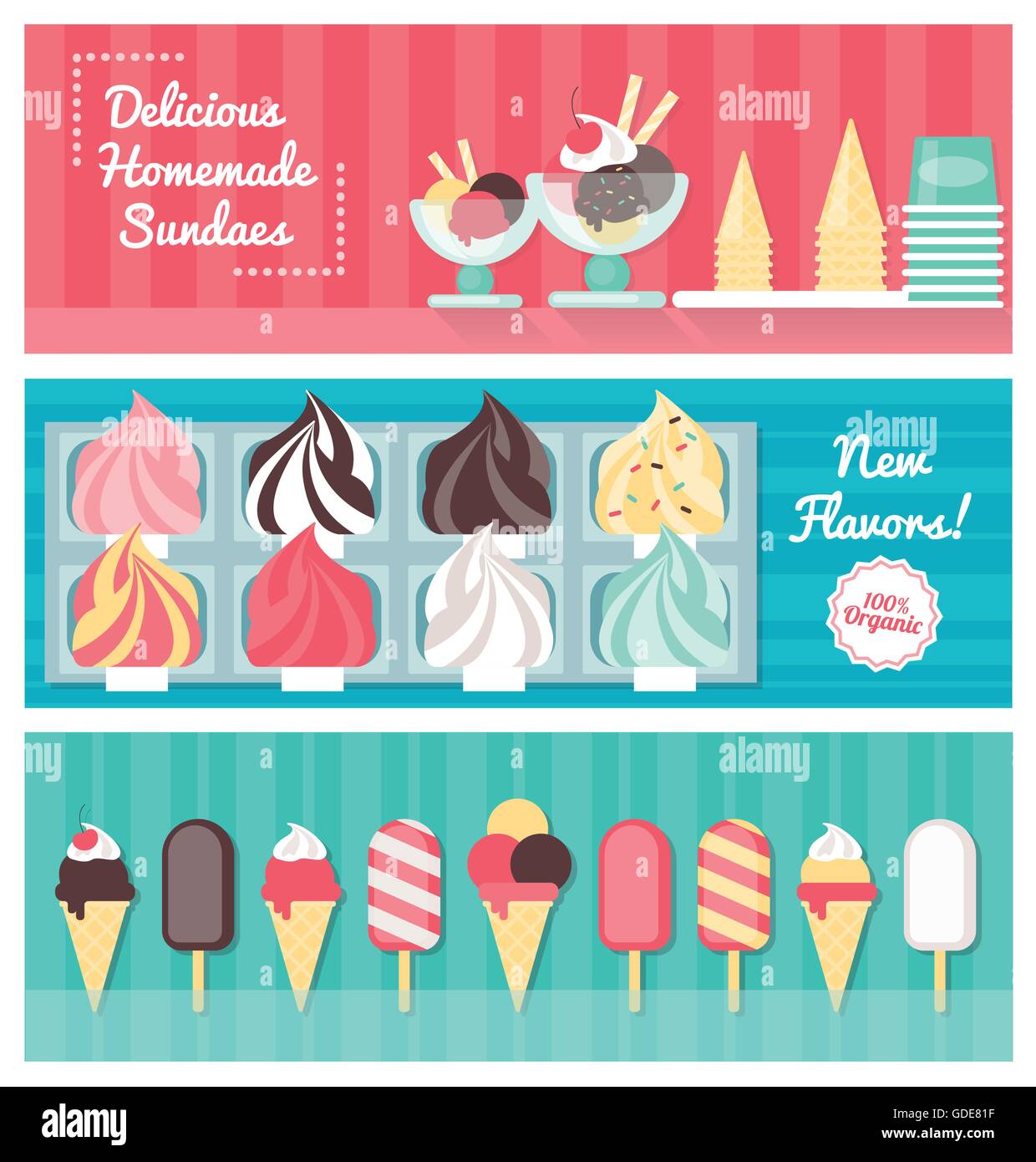Deliziosi gelati colorati set di banner con i coni, popsicles, sundaes e gelato vassoi, food retail concept Illustrazione Vettoriale Deliziosi gelati colorati set di banner con i coni, popsicles, sundaes e gelato vassoi, food retail concept Illustrazione Vettoriale