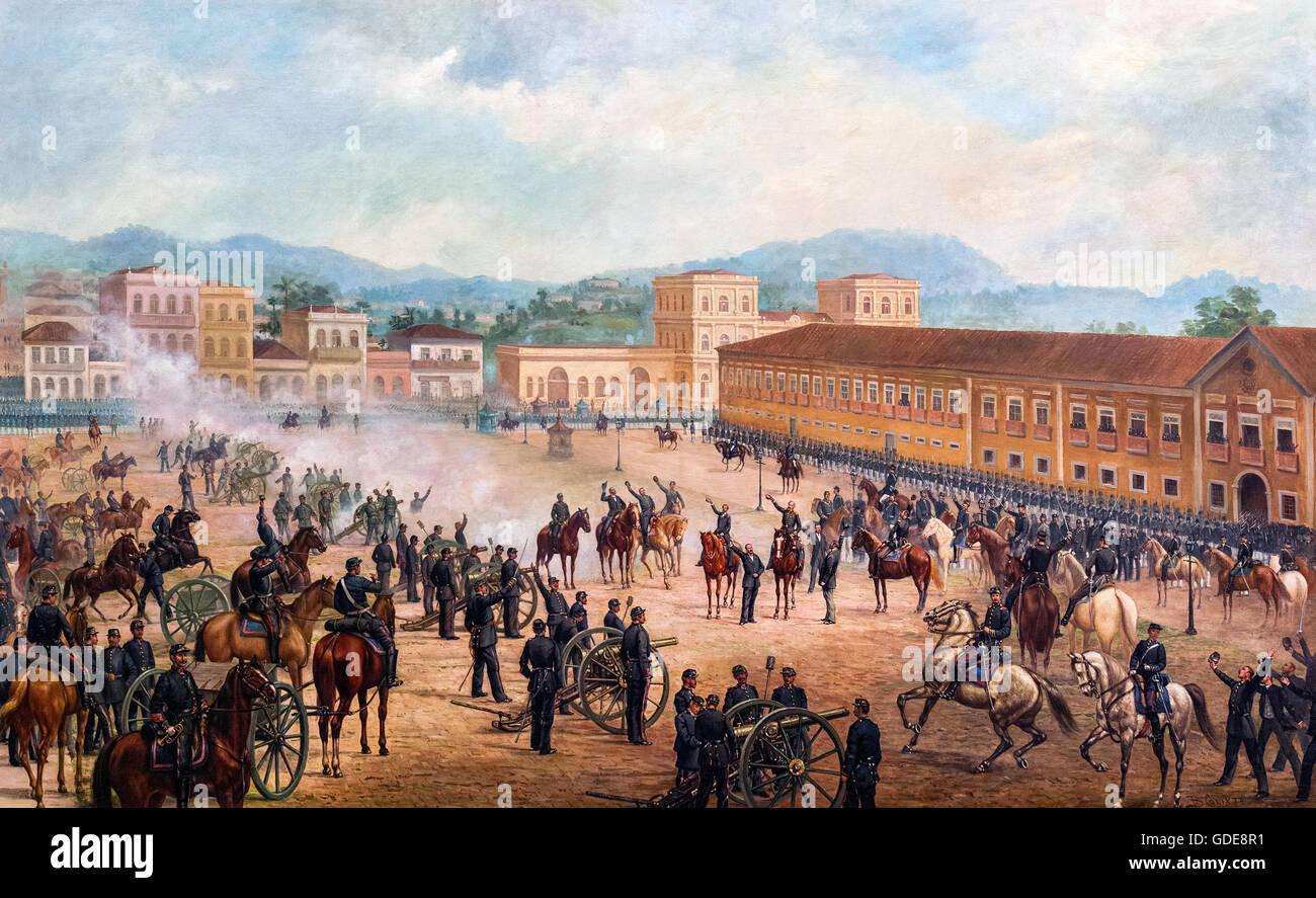 Proclamazione della Repubblica, Brasile, 1893, olio su tela da Benedito Calixto (1853-1927). La proclamazione della repubblica ha avuto luogo a Rio de Janeiro, allora capitale dell impero del Brasile, quando un gruppo di ufficiali militari dell'Esercito brasiliano, guidato dal maresciallo Deodoro da Fonseca, in scena un colpo di Stato senza l'uso della violenza, deponendo l'imperatore del Brasile, Dom Pedro II e il Presidente del Consiglio dei ministri dell'Impero, il Visconte di Ouro Preto. Benedito Calixto (1853-1927) 1893 Foto Stock