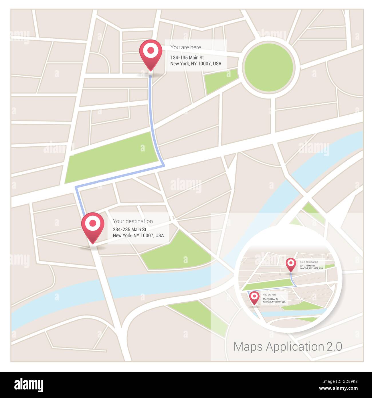 Mappa della città con le spine, destinazione e informazioni GPS Illustrazione Vettoriale