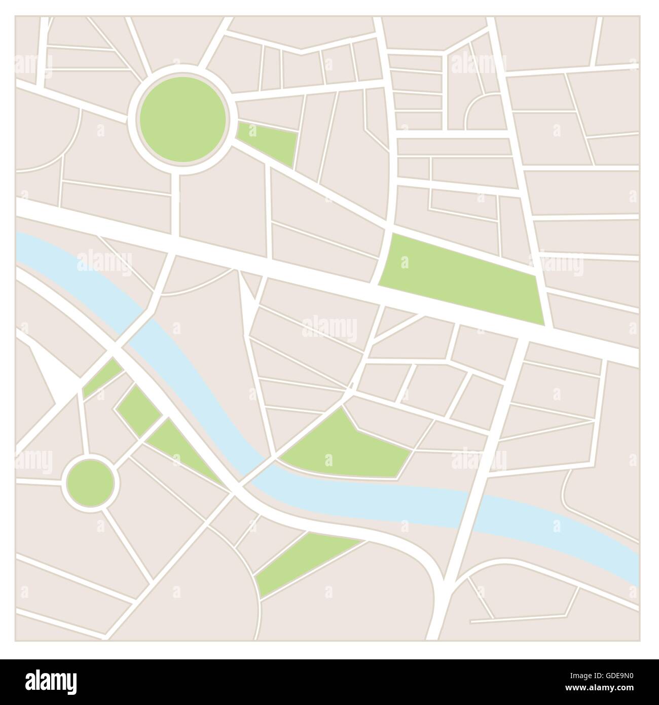 Mappa della città con strade, giardini e un fiume Illustrazione Vettoriale