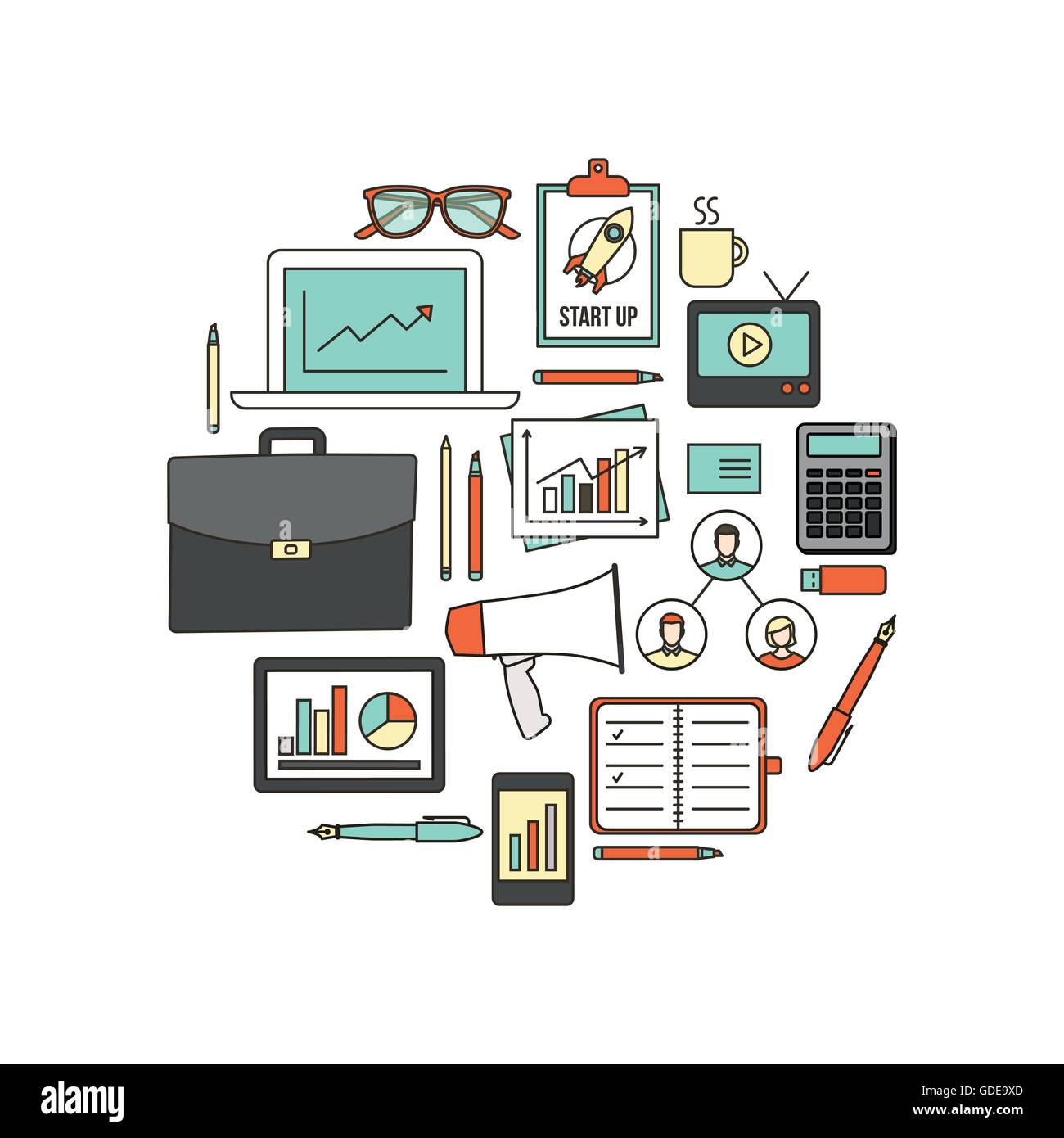 Marketing e business expert strumenti di lavoro, sottile linea di oggetti in una forma circolare su sfondo bianco Illustrazione Vettoriale