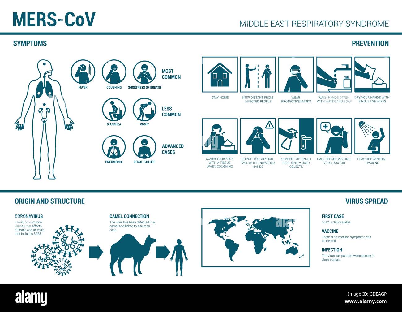 Meri CoV infographics con sintomi, prevenzione procedure mediche, struttura di virus e diffondersi sulla mappa del mondo Illustrazione Vettoriale