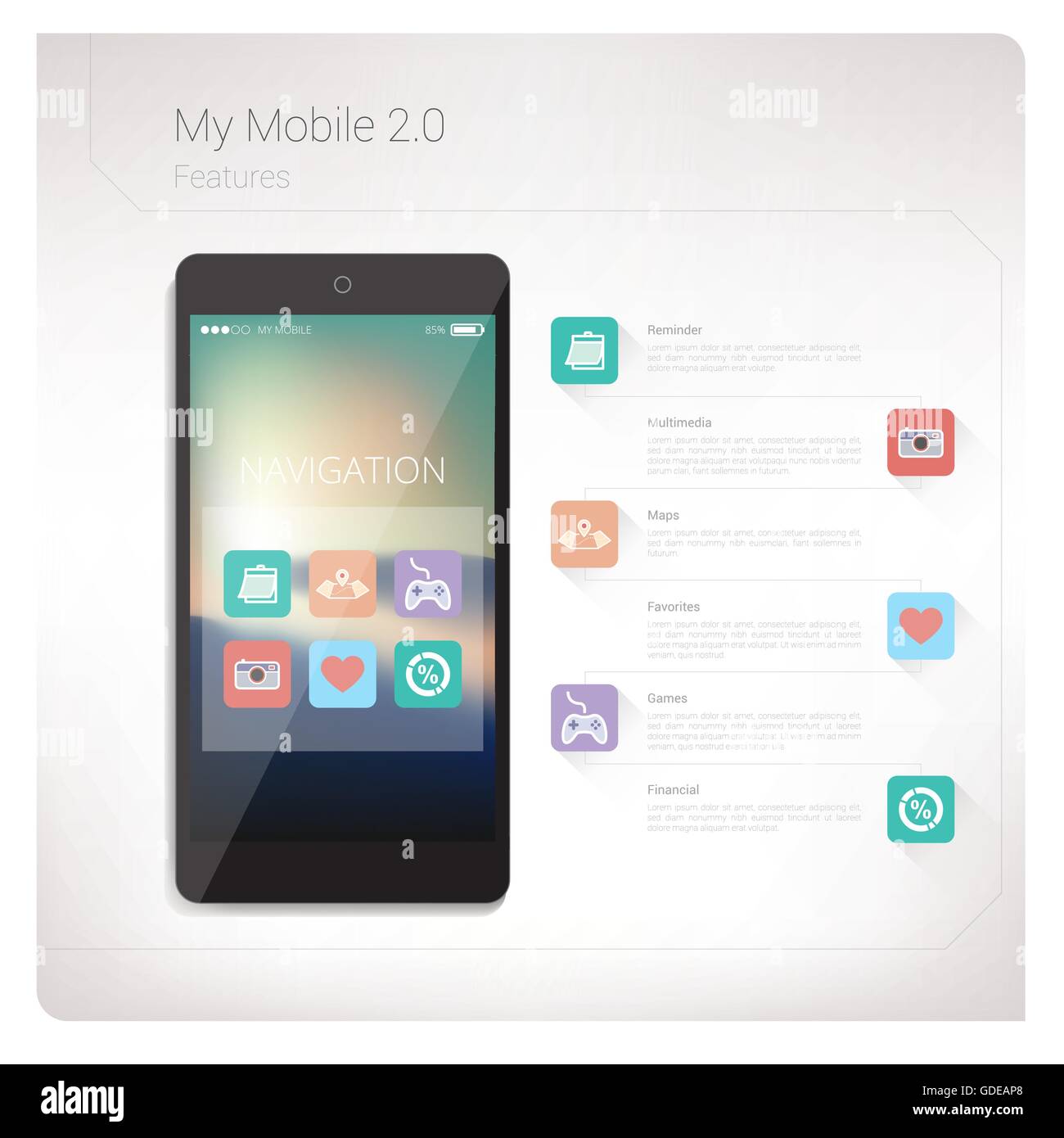 Il telefono cellulare con applicazioni di set di icone e di spazio di copia Illustrazione Vettoriale