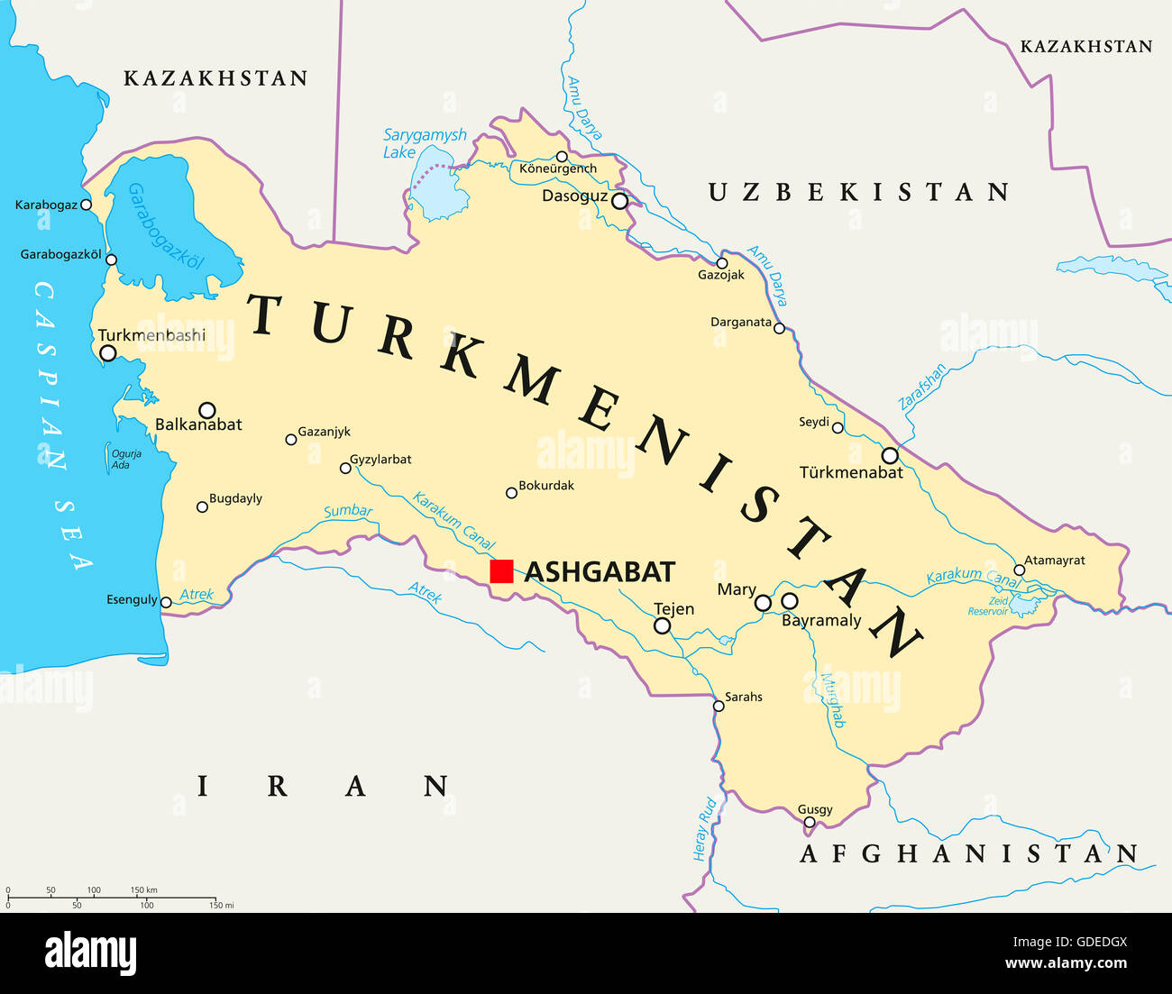 Turkmenistan mappa politico con capitale Aşgabat, confini nazionali importanti città, fiumi e laghi. Paese dell Asia centrale. Foto Stock