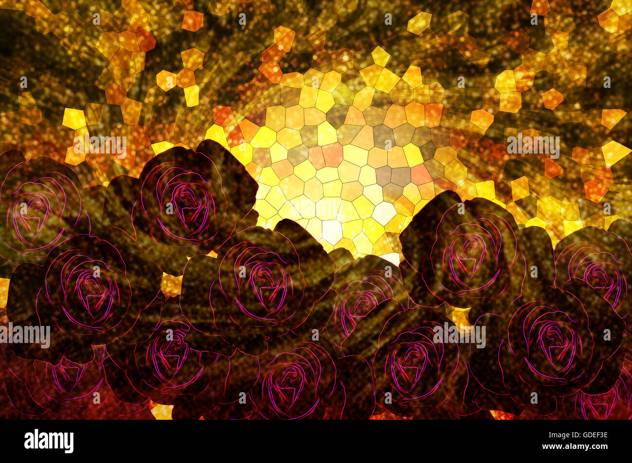 Gruppo di fantasia rosa scuro e violetta purle roses pattern linea luce incandescenza il classico giallo crema e marrone vintage stile brillante Foto Stock