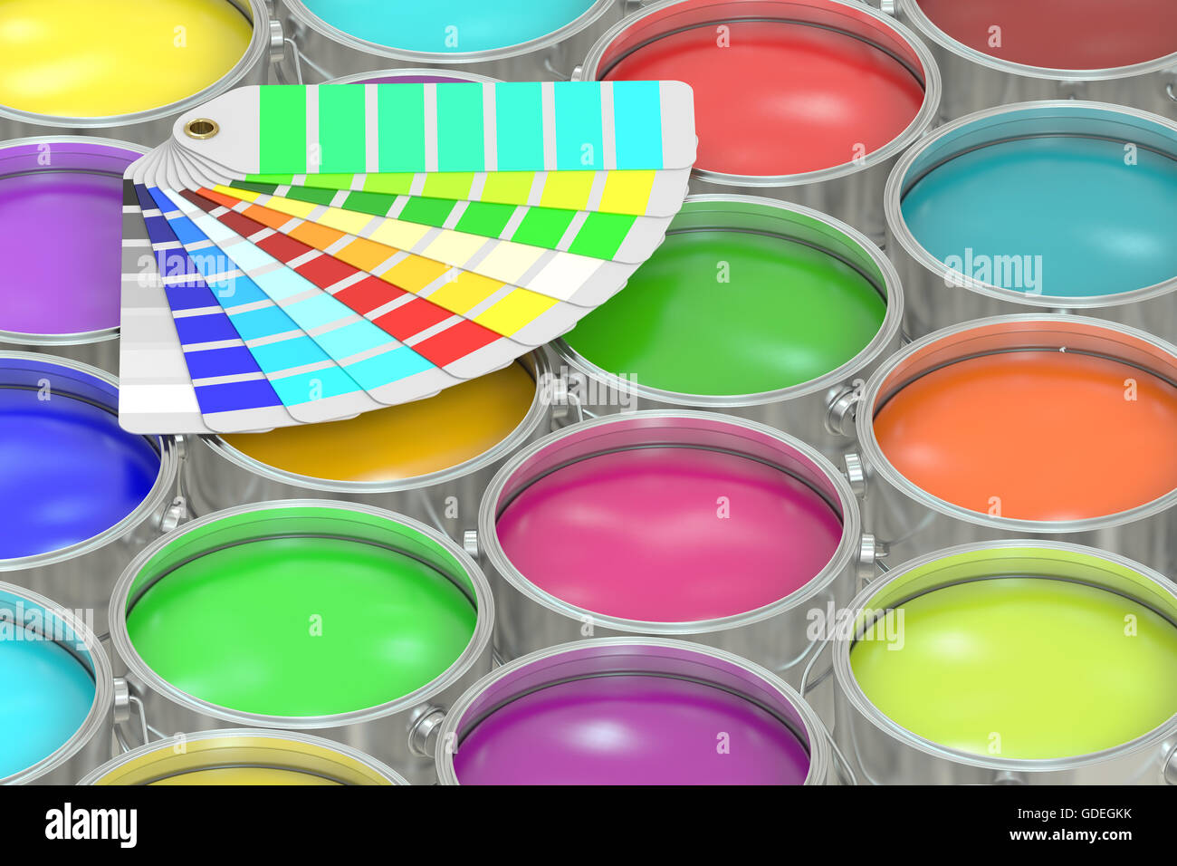 Barattoli di vernice sfondo con colore Pantone guida tavolozza. Il rendering 3D Foto Stock