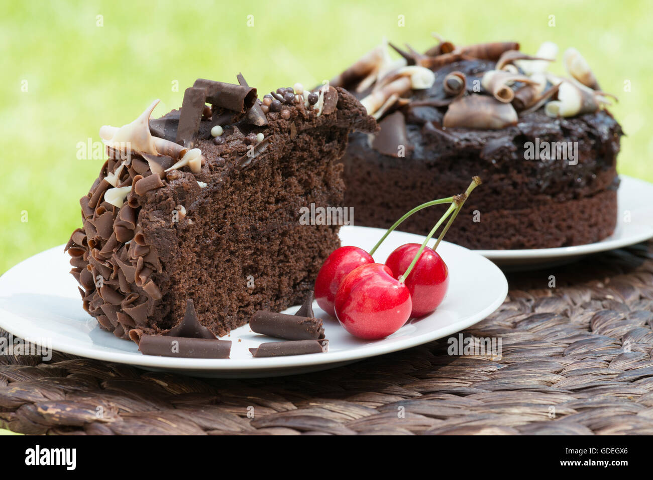 Fetta di umida ricca torta al cioccolato in un party in giardino impostazione, con ciliege rosse e l'erba verde. Girato con il fuoco selettivo. Foto Stock