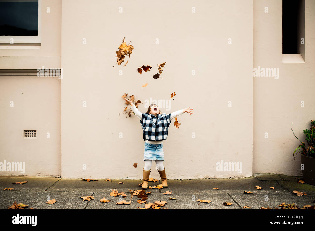 Ragazza gettando le foglie di autunno in aria Foto Stock Ragazza gettando le foglie di autunno in aria Foto Stock