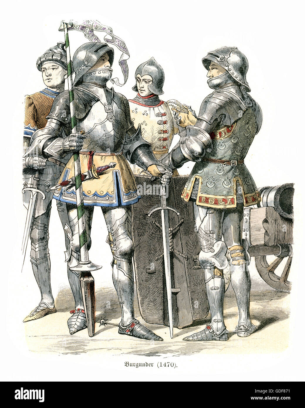 Costumi di Burgundian cavalieri e soldati in armatura. 1470 Foto Stock