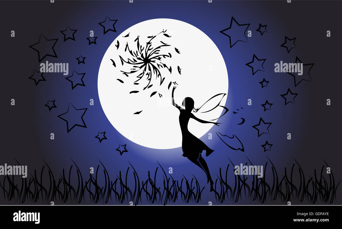 Bella illustrazione con una fata ragazza nella notte , toccare la luna Foto Stock