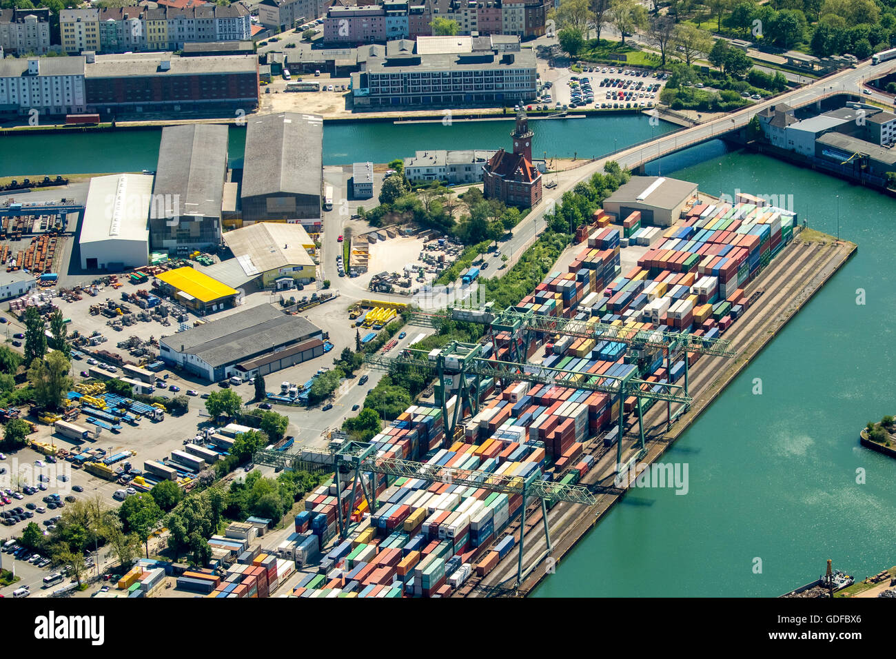 Vista aerea, container del porto di Dortmund, porto interno, Old Port Authority, Dortmund-Ems Canal, contenitore porta Foto Stock