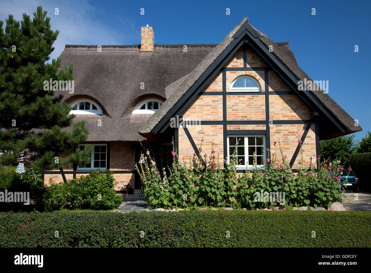 Casa di paglia, Mar Baltico località di Ahrenshoop, Fischland, Meclemburgo-Pomerania Occidentale Foto Stock