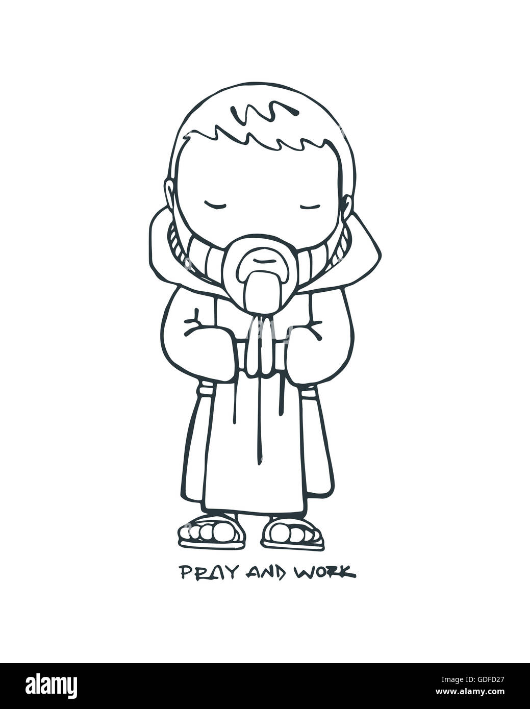 Disegnato a mano o illustrazione di disegno di un monaco benedettino e la frase: pregare e lavorare Foto Stock