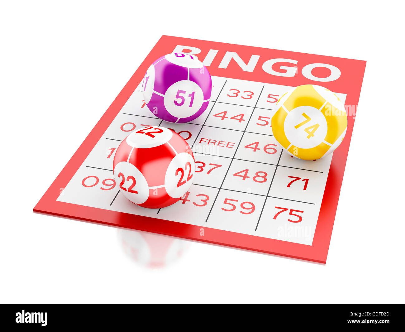 3D renderer immagine. Red scheda di bingo bingo sfere. Isolato sullo sfondo bianco. Foto Stock