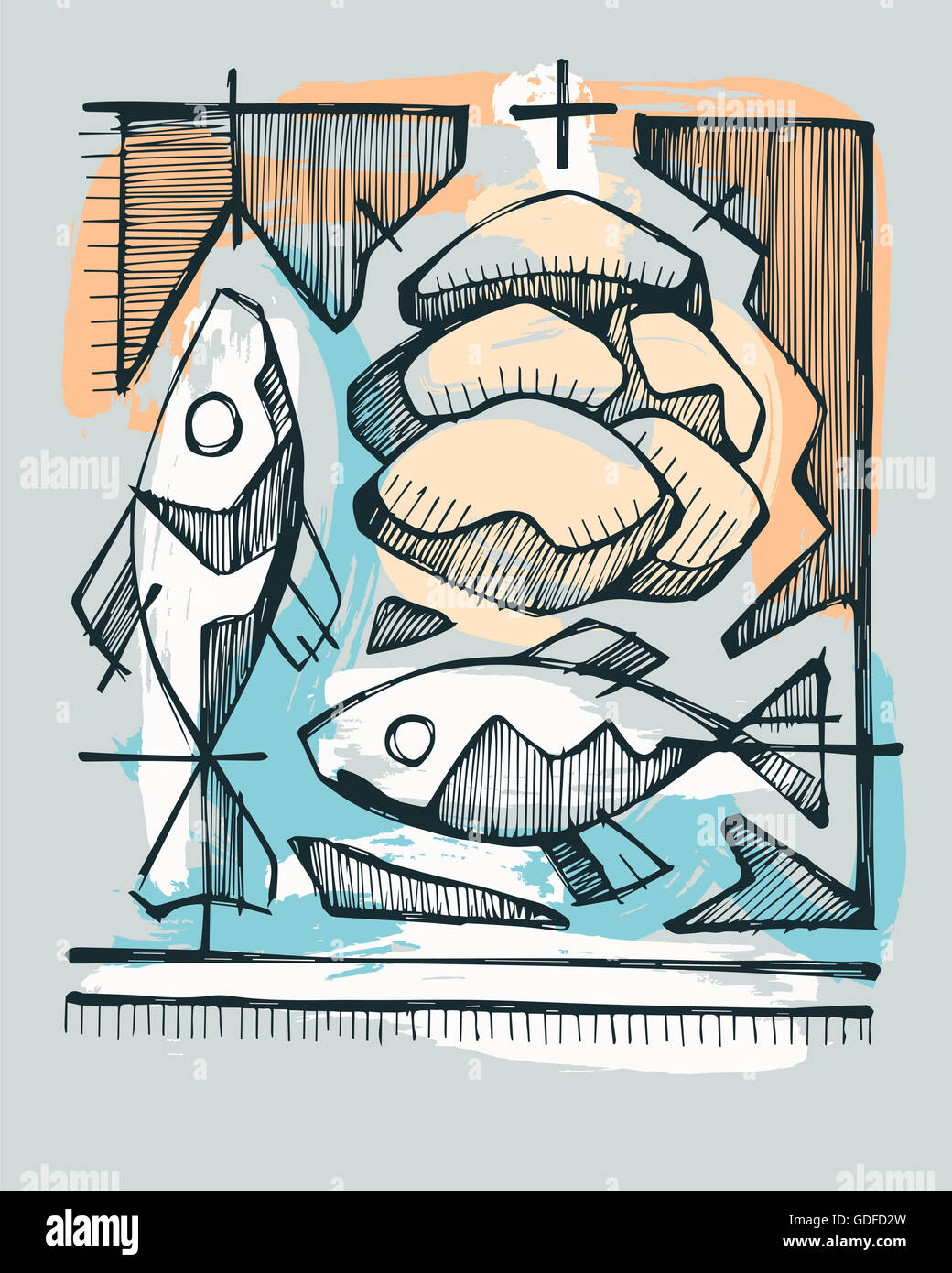 Disegnata a mano immagine o disegno di 2 pesci e 5 tipi di pane, Cattolica che rappresentano il Sacramento dell Eucaristia Foto Stock