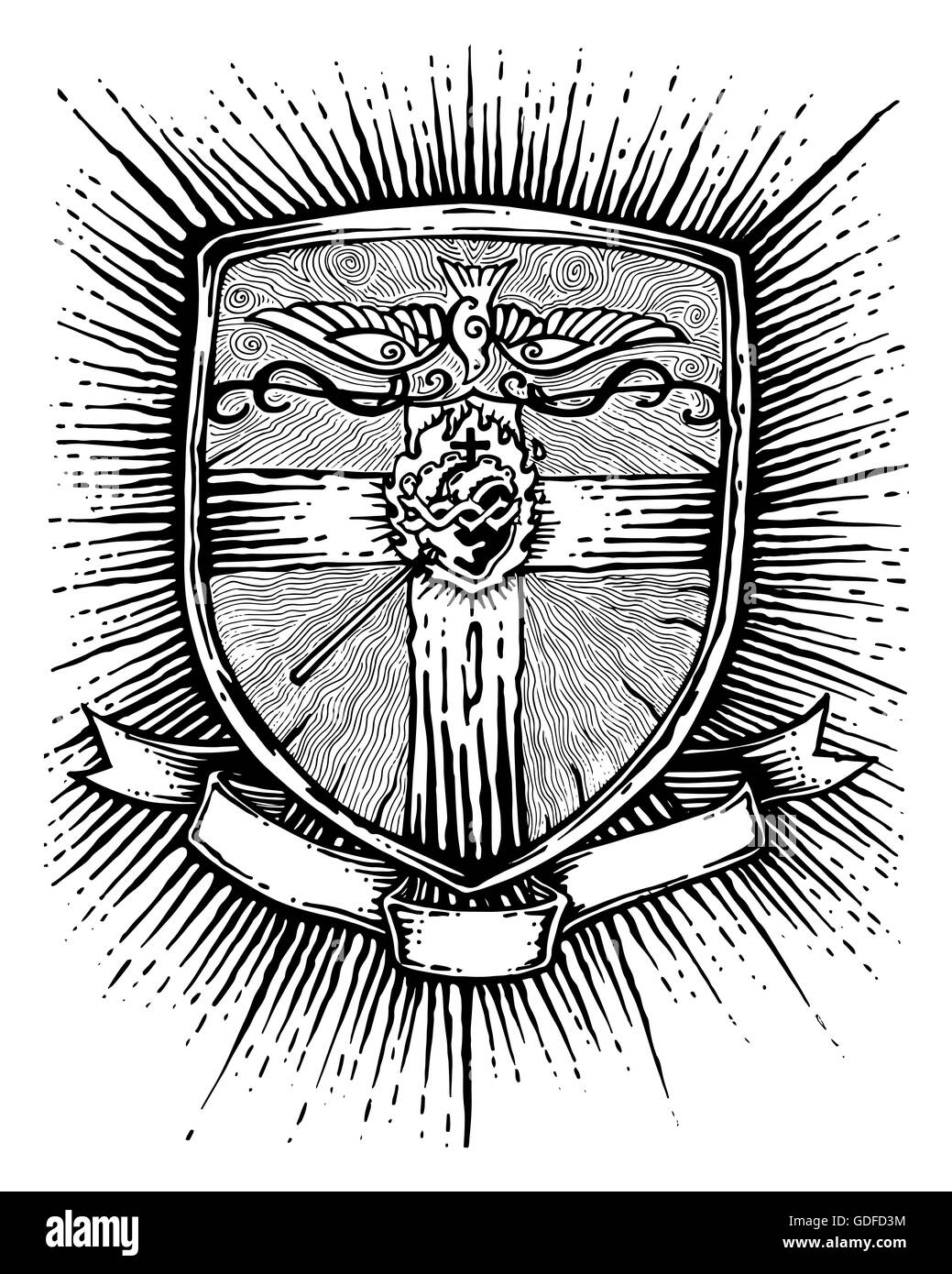 Disegnata a mano immagine o disegno di un badge con una croce religiosa, cuore, colomba e un nastro per il testo Foto Stock