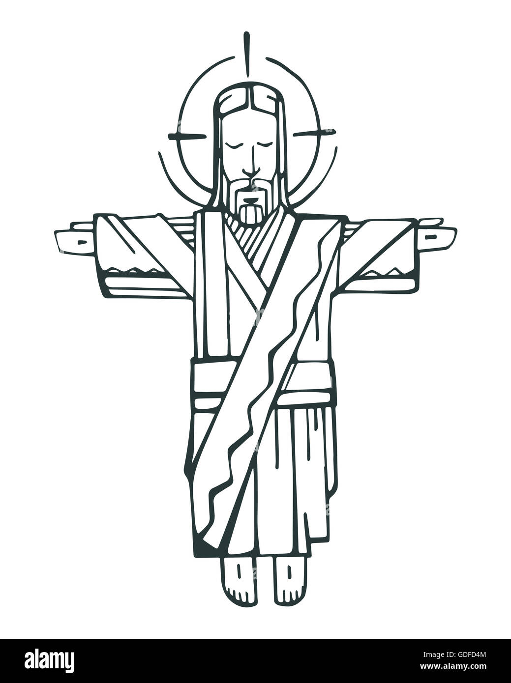 Disegnata a mano illustrazione vettoriale o di disegno di Gesù Cristo con le braccia aperte Foto Stock