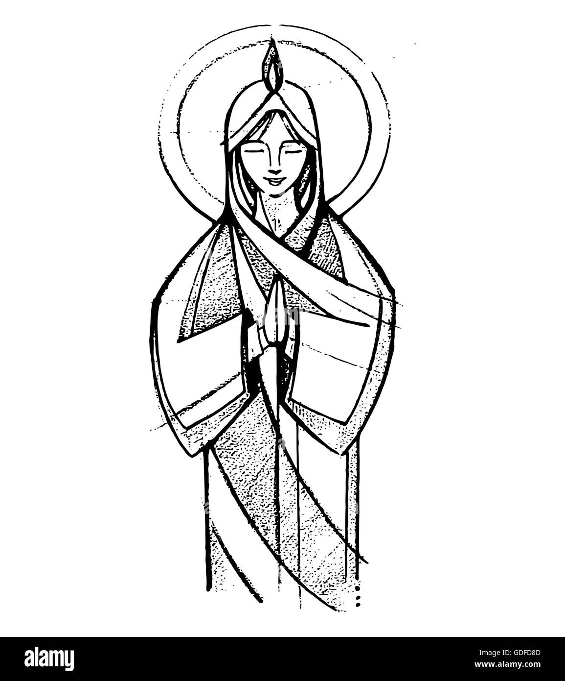 Disegnata a mano illustrazione vettoriale o di disegno della Vergine Maria a Pentecoste il passaggio biblico Foto Stock