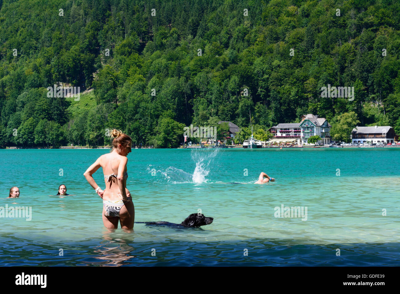 Sankt Gilgen: bay Fürbergbucht nel lago Wolfgangsee, i bagnanti con il cane, Austria, Salisburgo, Salzkammergut Foto Stock