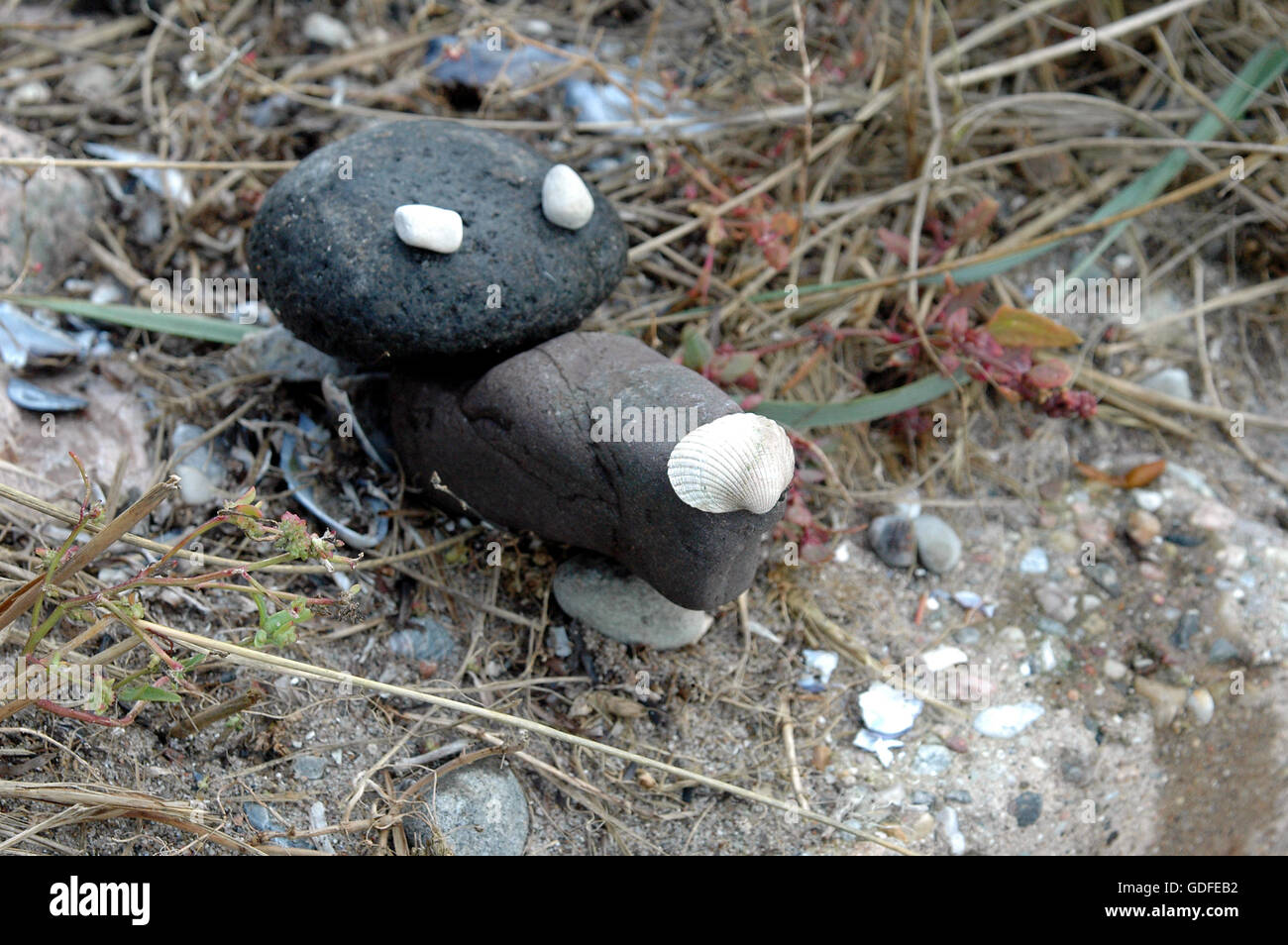 Spiaggia arte fatta con qualunque sia venuto a mano, figure astratte e animali. Foto Stock
