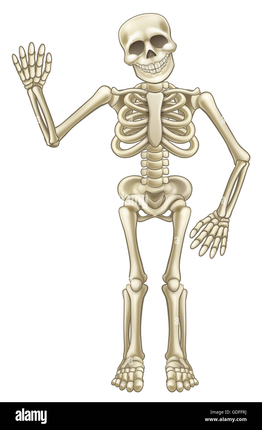 Cartoon mascotte dello scheletro o carattere Halloween agitando la mano e sorridente Foto Stock