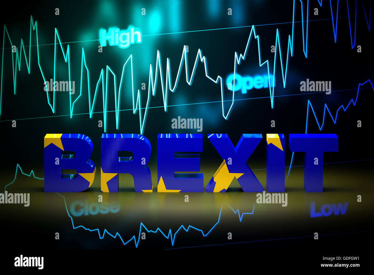 3D rendering Brexit fluttuazione finanziario con la caduta del mercato azionario sfondo. Foto Stock