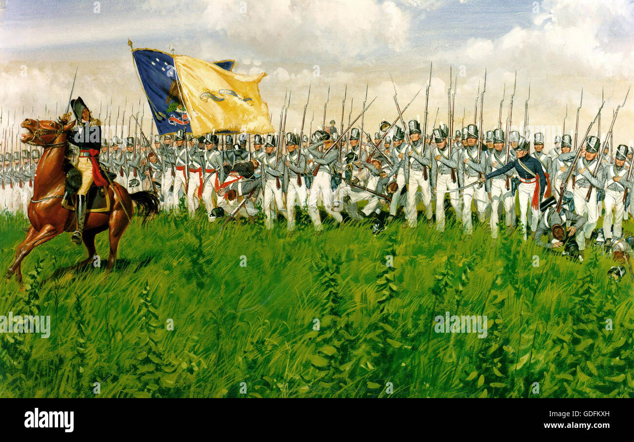 Battaglia di CHIPPAWA 5 luglio 1814 Brigadiere Generale Winfred Scott conduce il suo esercito USA fanteria in marcia avanti. Artwork da Hugh McBarron (1902-1992) Foto Stock