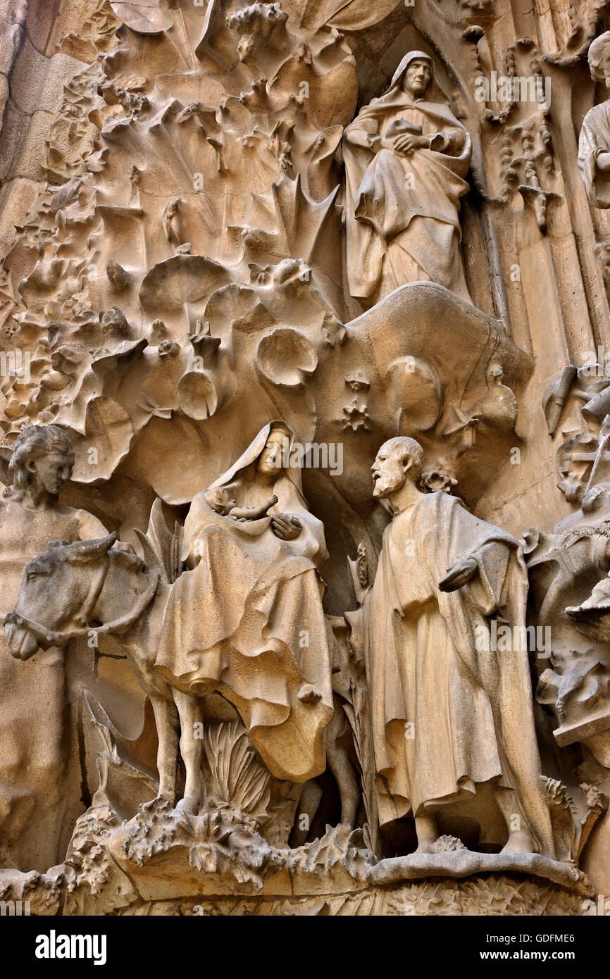 'Dettaglio' dalla facciata della Natività della Sagrada Familia (architetto Antoni Gaudi) ,'trademark' di Barcellona, in Catalogna, Spagna. Foto Stock
