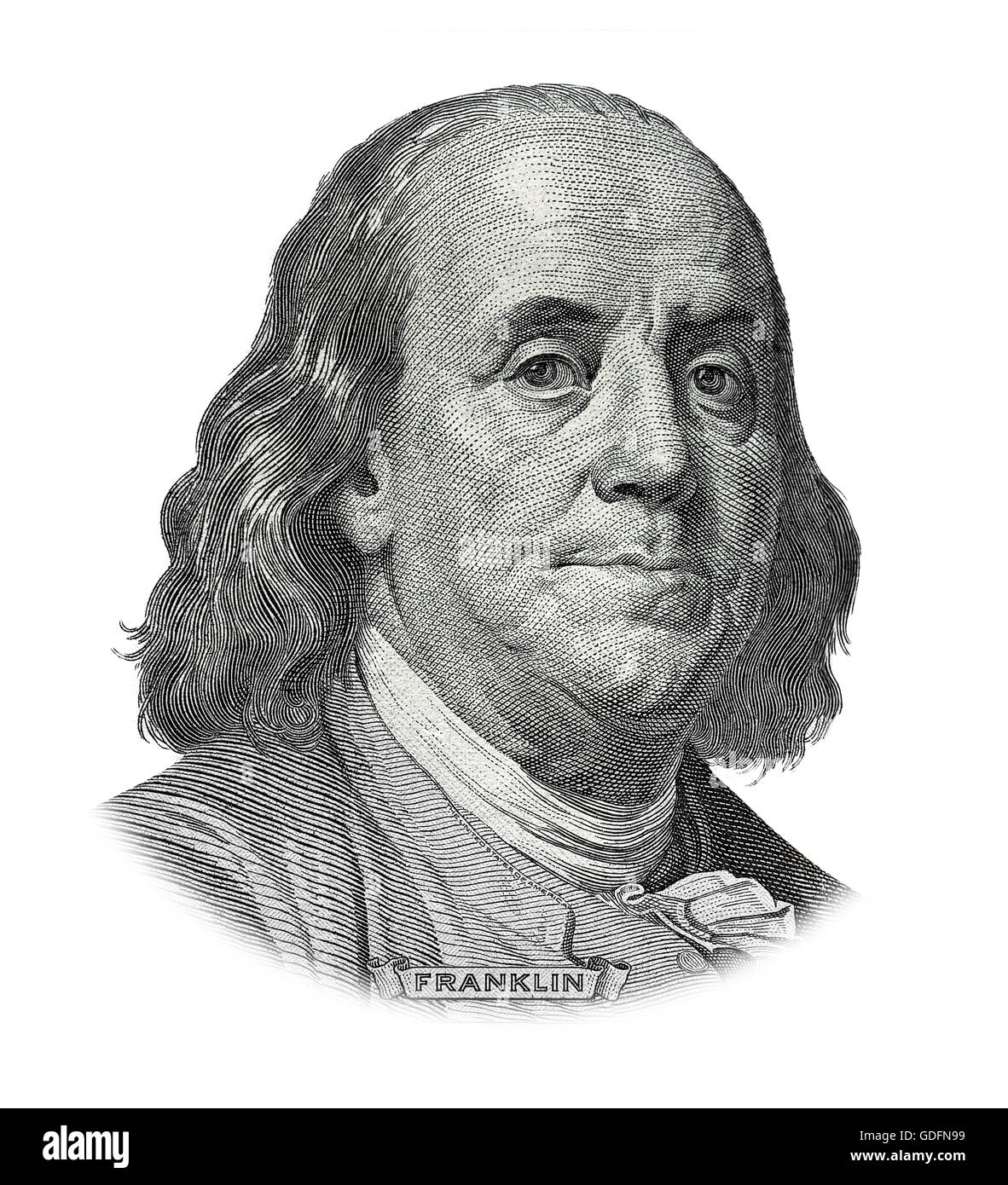 Disegno in scala di grigi del Presidente americano Benjamin Franklin Foto Stock