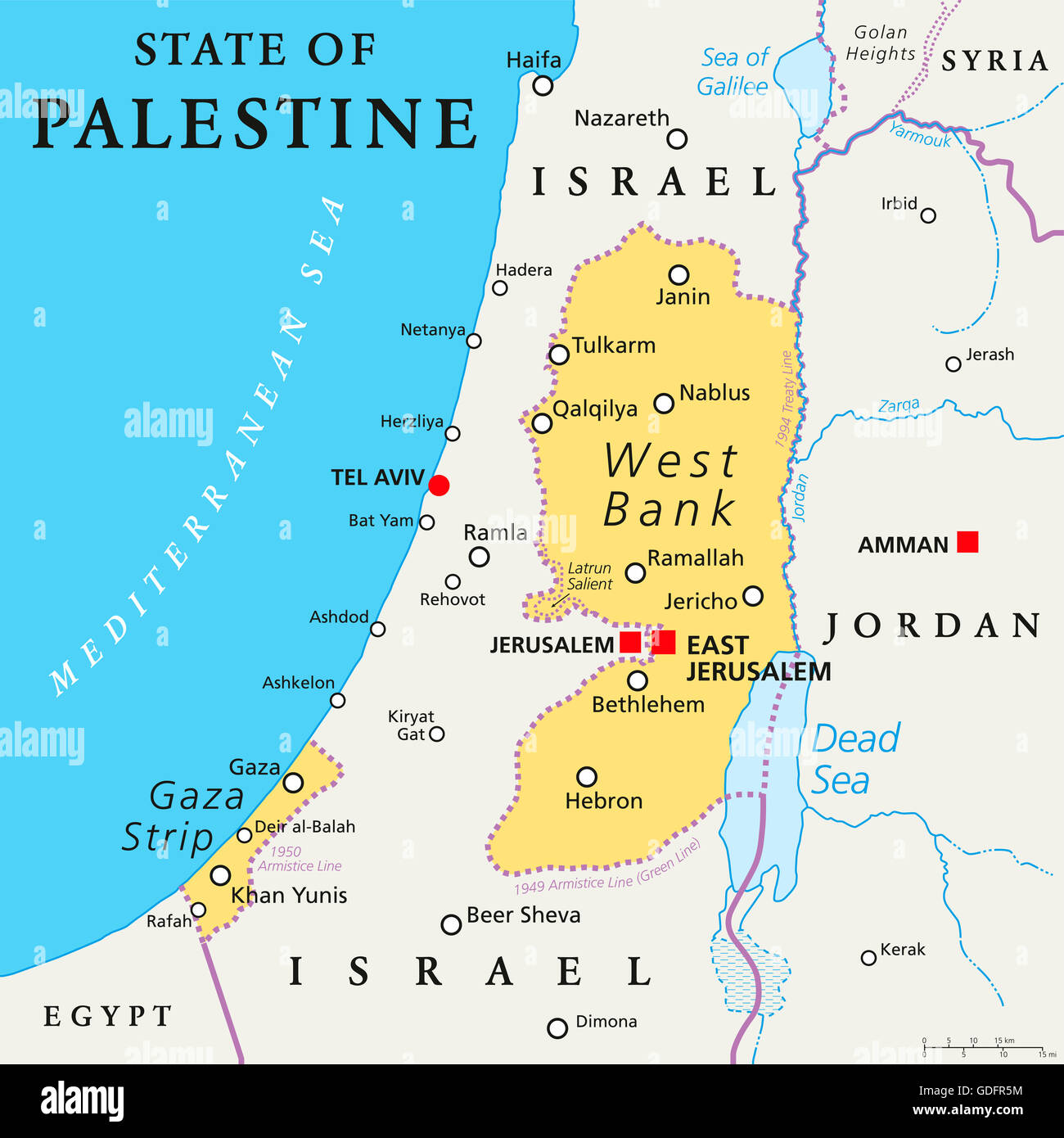 Stato di Palestina con designata capitale Gerusalemme est, sostenendo in Cisgiordania e nella Striscia di Gaza. Mappa politico. Foto Stock