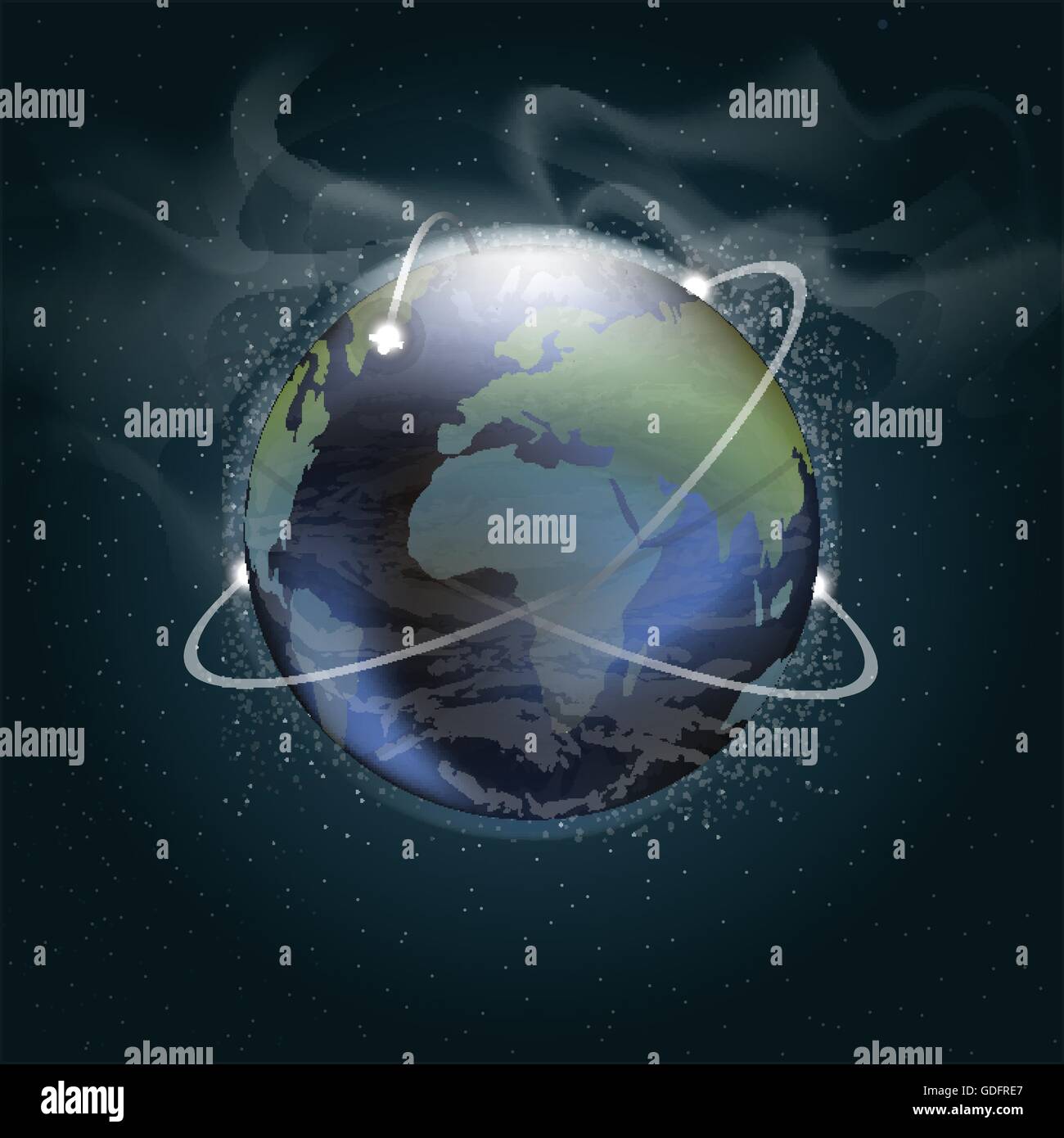 Grande pianeta terra visto dallo spazio in 3d con traiettorie dei satelliti orbitanti attorno, su uno sfondo pieno di stelle luccicanti. Digita Illustrazione Vettoriale