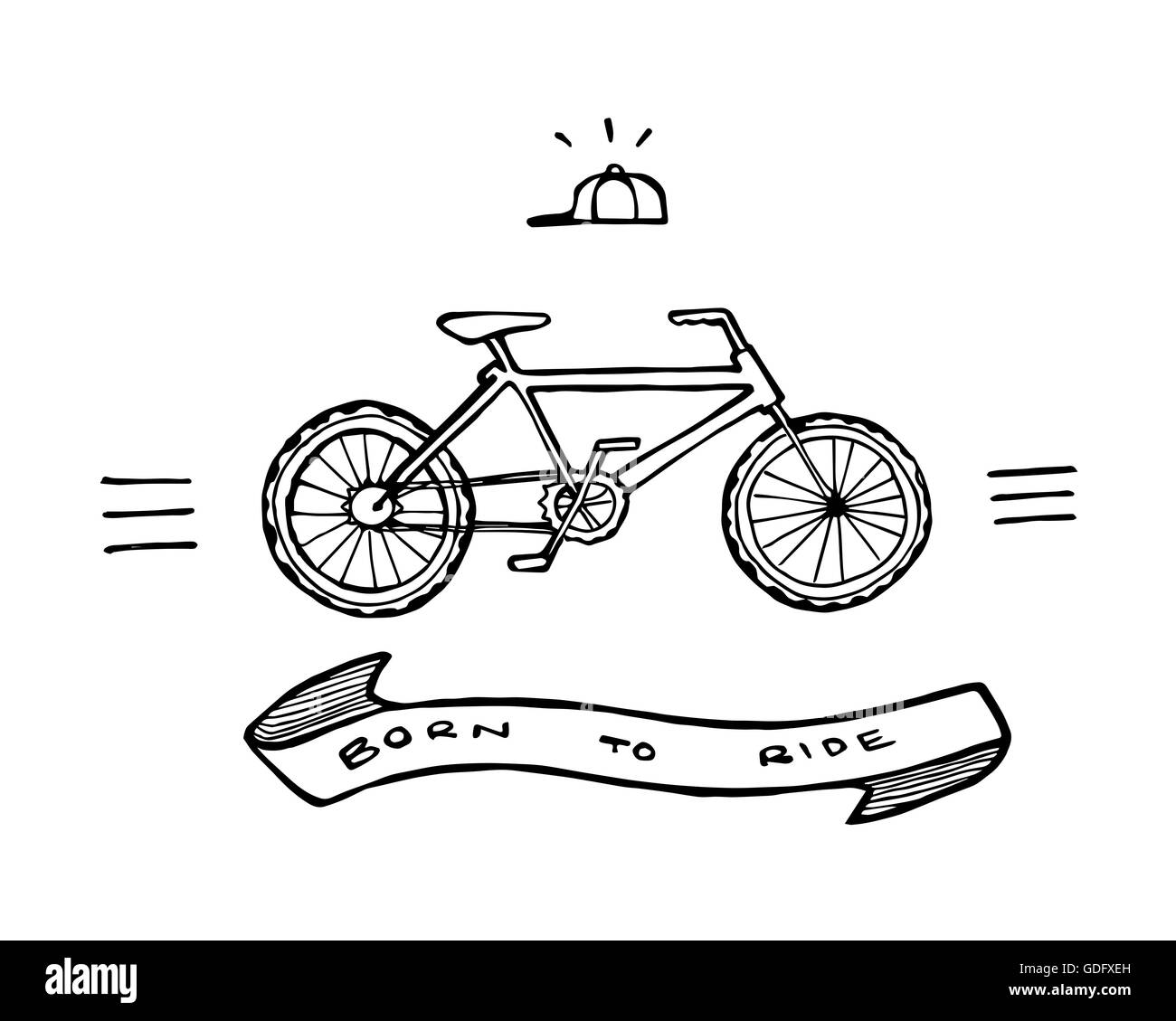 Disegnata a mano illustrazione vettoriale o il disegno di una bicicletta e di un nastro che dice: nato per cavalcare la strada Foto Stock