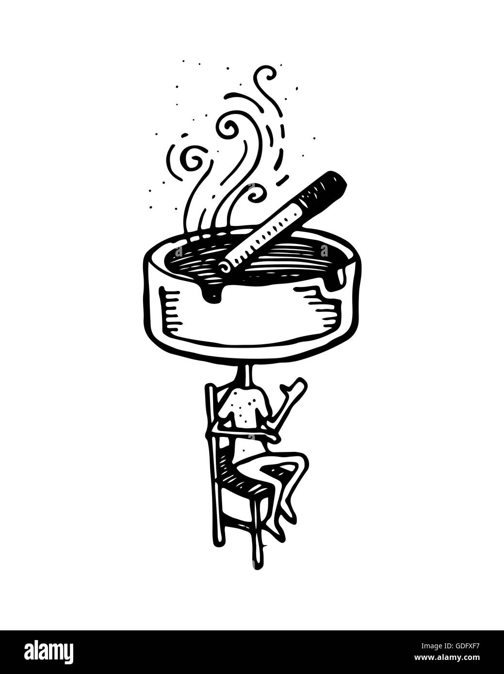 Disegnato a mano o illustrazione di disegno di un uomo con un'Ascer e testa cigarrette Foto Stock