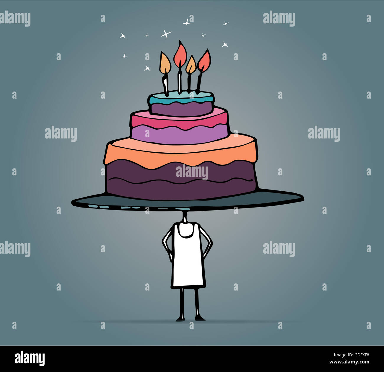 Disegnata a mano illustrazione vettoriale o di disegno di una ragazza con una torta di compleanno al posto della testa Foto Stock