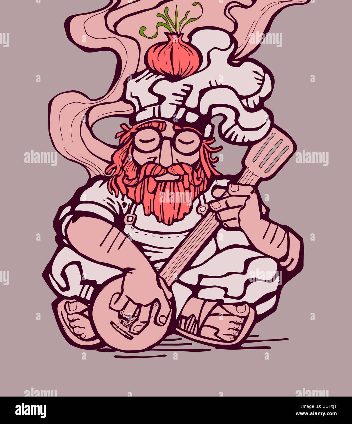 Disegnato a mano o illustrazione di disegno di un hippie chef giocando un banjo Foto Stock