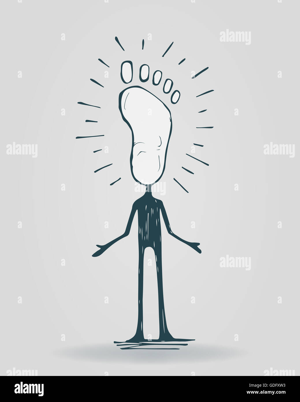Disegnata a mano immagine o disegno di un cartone animato uomo con un piede al posto della testa, che rappresenta un pedone Foto Stock