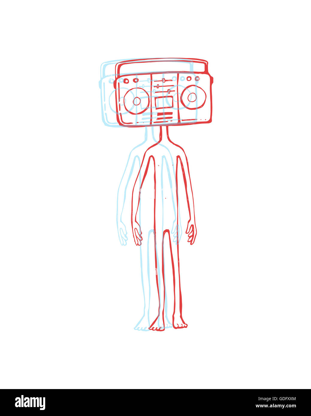 Disegnato a mano o illustrazione di disegno di un uomo con una boom box al posto della testa Foto Stock