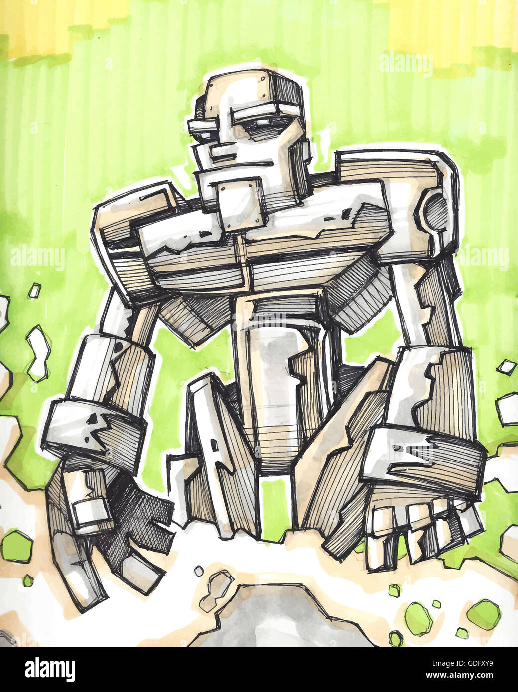 Disegnato a mano o illustrazione di disegno di un robot di metallo Foto Stock